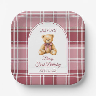 Pink Bow Preppy Teddy Bear 1st Birthday Paper Plates