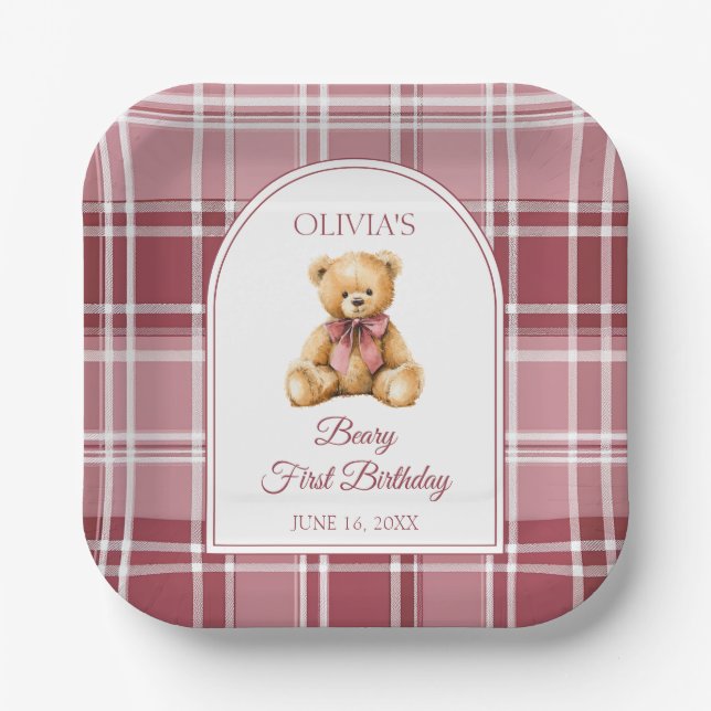 Pink Bow Preppy Teddy Bear 1st Birthday Paper Plates (Front)