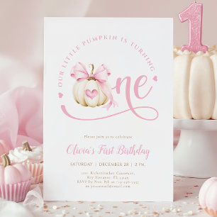 Pink Bow Pumpkin 1st Birthday Invitation