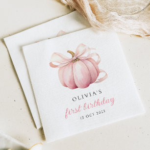 Pink Bow Pumpkin 1st Birthday Napkins