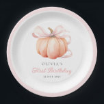 Pink Bow Pumpkin 1st Birthday Paper Plates<br><div class="desc">This elegant and charming first birthday paper plate features a beautiful watercolor illustration of a pumpkin with a delicate pink ribbon,  perfect for celebrating the 1st milestone of your little one.</div>