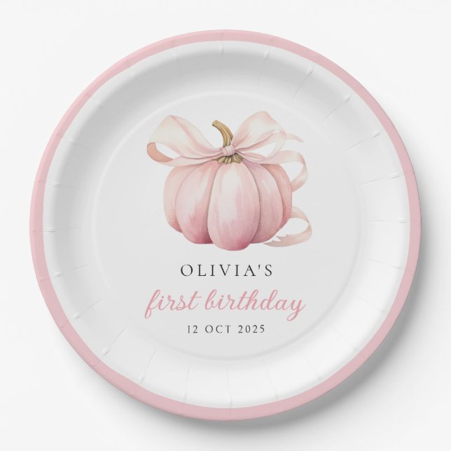 Pink Bow Pumpkin 1st Birthday Paper Plates (Front)