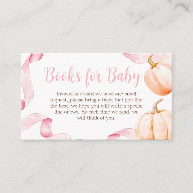 Pink Bow Pumpkin Baby Shower Books for Baby Enclosure Card (Front)