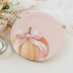 Pink Bow Pumpkin Baby Shower Paper Plates