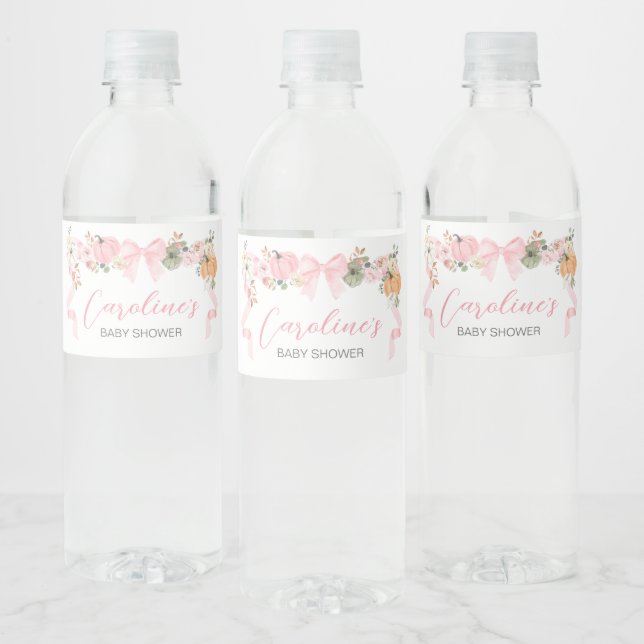 Pink Bow Pumpkin Baby Shower Water Bottle Label (Bottles)