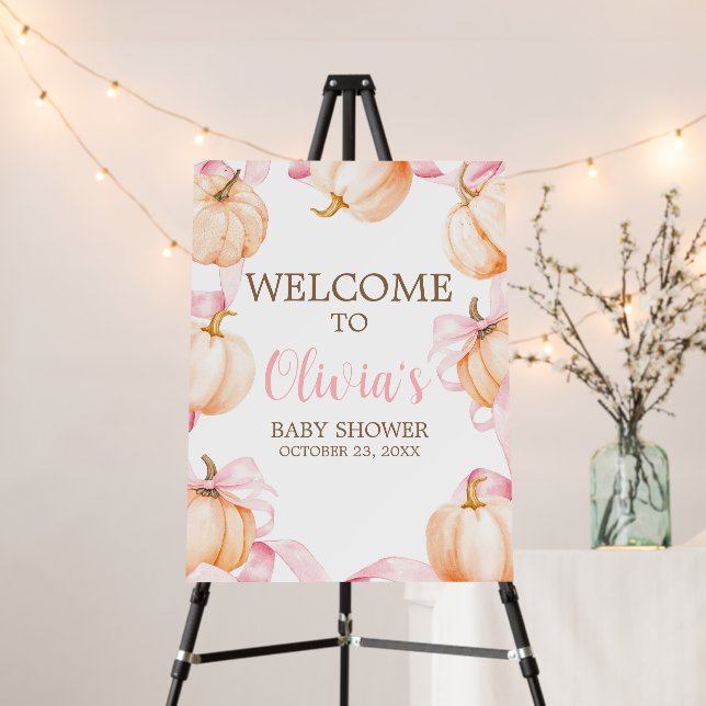 Pink Bow Pumpkin Baby Shower Welcome Sign (In Situ (Stand))