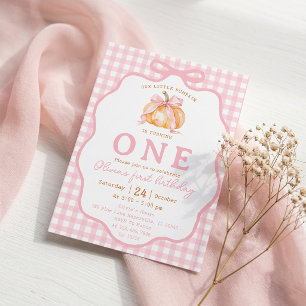Pink Bow Pumpkin First Birthday Invitation