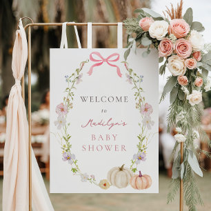 Pink Bow Pumpkin Floral Baby Shower Welcome Sign