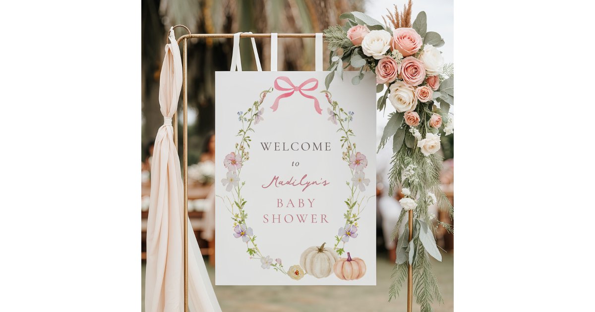 Pink Bow Pumpkin Floral Baby Shower Welcome Sign | Zazzle