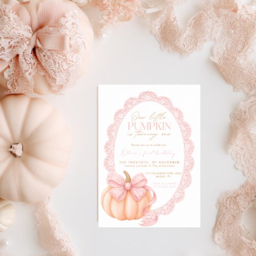 Pink Bow Pumpkin Girl 1st Birthday Party Invitation