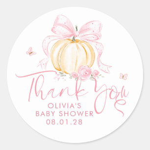 Pink Bow Pumpkin Girl Baby Shower Thank You Favors Classic Round Sticker