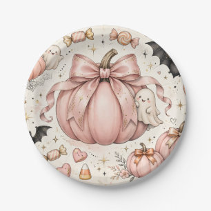 Pink Bow Pumpkin Halloween Coquette Ghosts Bats Paper Plates