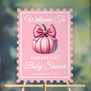 Pink Bow Pumpkin Postage Stamp Baby Shower Welcome Acrylic Sign