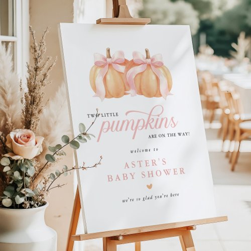 Pink Bow Pumpkin Twin Baby Shower Welcome Sign