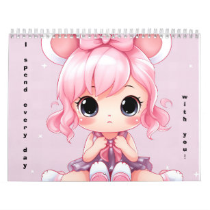 Pink Bow, Purple Dress, Big Eyes Cartoon Calendar
