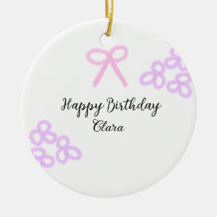 Pink bow purple floral pastel happy birthday ceramic ornament