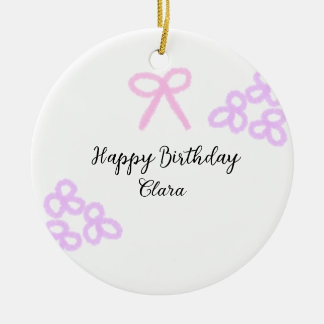 Pink bow purple floral pastel happy birthday  ceramic ornament (Front)