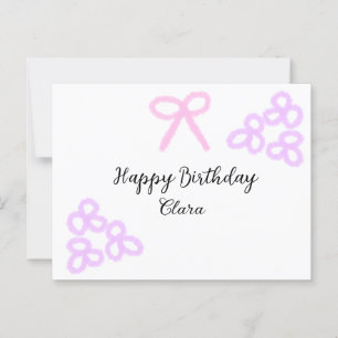 Pink bow purple floral pastel happy birthday postcard