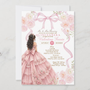 Pink Bow Quinceañera Floral Quince Invitation