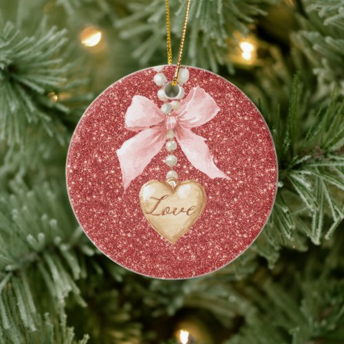 Pink Bow Red Glitter Love Heart Necklace Christmas Ceramic Ornament