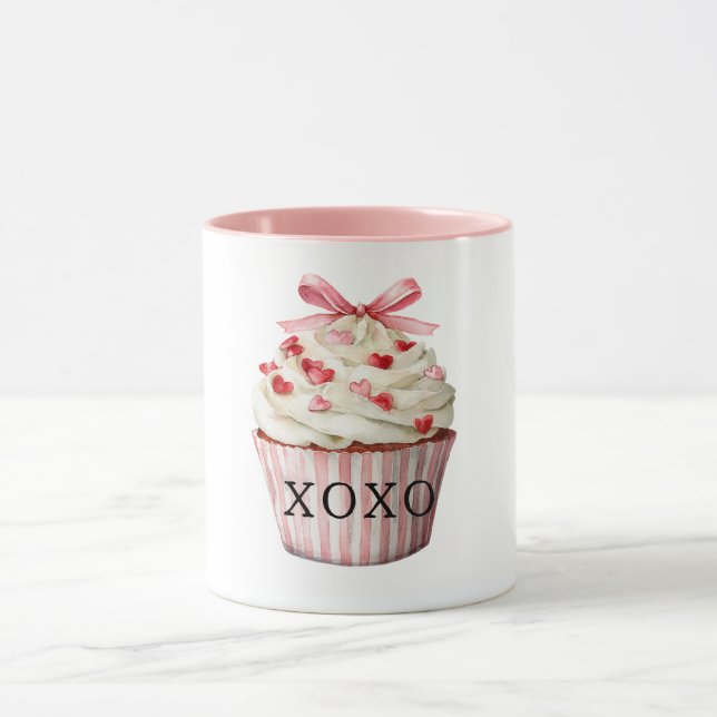Pink Bow Red Hearts Cupcake Birthday Mug (Center)
