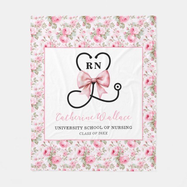 Pink Bow Registered Nurse Graduation Fleece Blanket (Front)