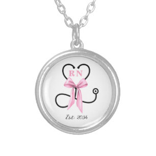 Pink Bow Registered Nurse Graduation Silver Plated Necklace