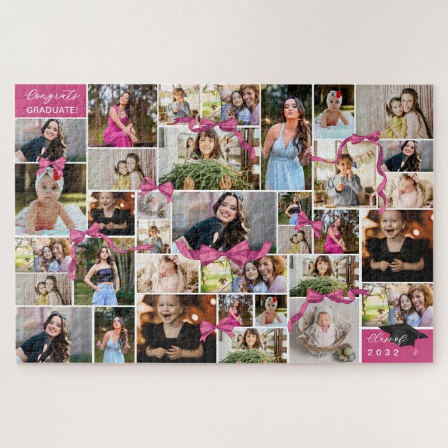 Pink Bow Repeated Photos Collage Congrats Gradute Jigsaw Puzzle (Horizontal)