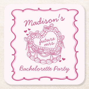 Pink Bow Retro Heart Coquette Cake Bachelorette Square Paper Coaster