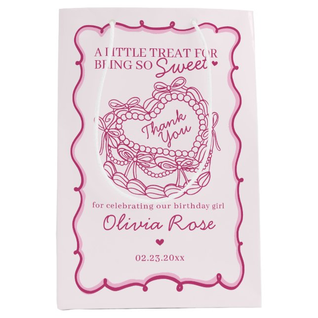 Pink Bow Retro Heart Coquette Cake Birthday Medium Gift Bag (Front)