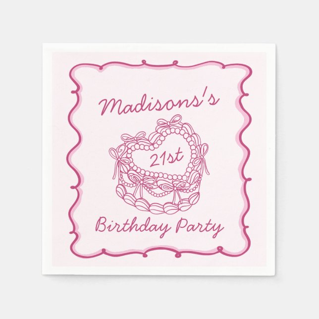 Pink Bow Retro Heart Coquette Cake Birthday Napkins (Front)