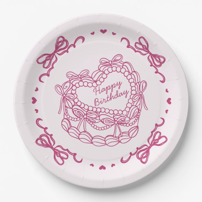 Pink Bow Retro Heart Coquette Cake Birthday Paper Plates (Front)