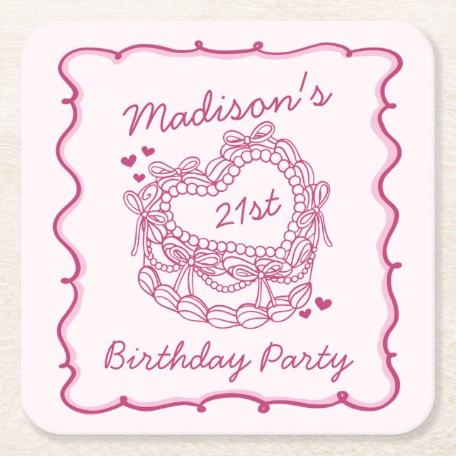 Pink Bow Retro Heart Coquette Cake Birthday Square Paper Coaster (Front)