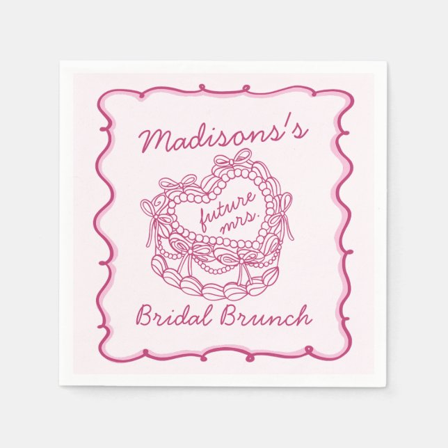 Pink Bow Retro Heart Coquette Cake Bridal Brunch Napkins (Front)