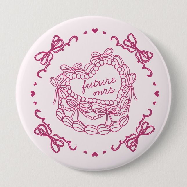 Pink Bow Retro Heart Coquette Cake Bridal Shower Button (Front)