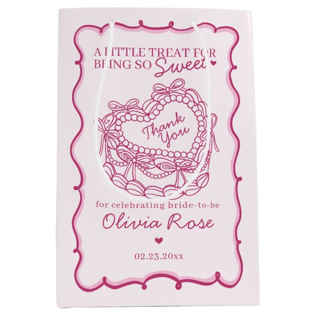 Pink Bow Retro Heart Coquette Cake Bridal Shower Medium Gift Bag (Front)