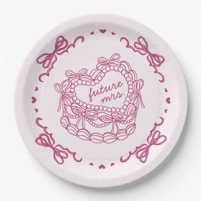 Pink Bow Retro Heart Coquette Cake Bridal Shower Paper Plates (Front)