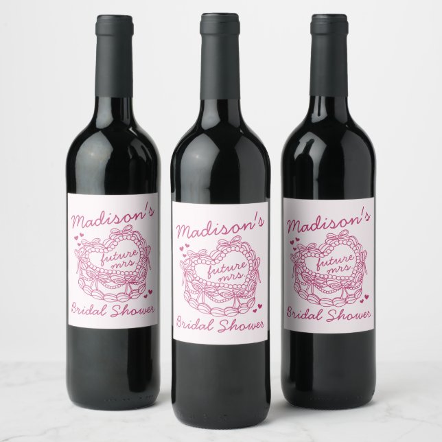 Pink Bow Retro Heart Coquette Cake Bridal Shower Wine Label (Bottles)
