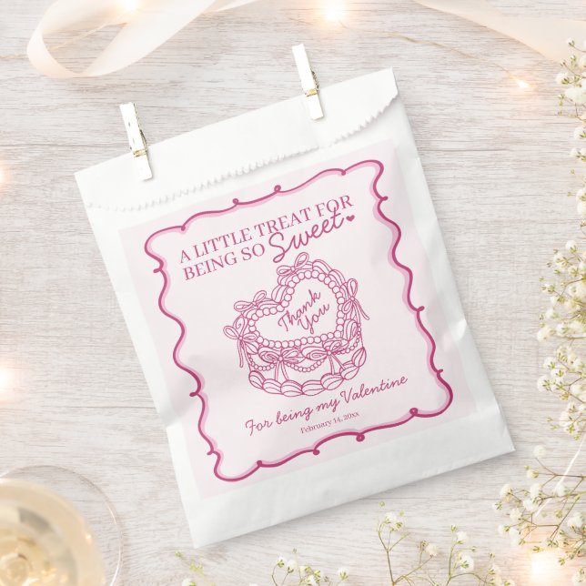 Pink Bow Retro Heart Coquette Cake Valentines Favor Bag (Clipped)