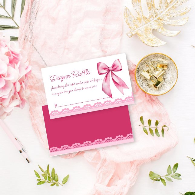 Pink bow retro lace baby shower diaper raffle enclosure card (Pink bow retro lace baby shower diaper raffle enclosure card)