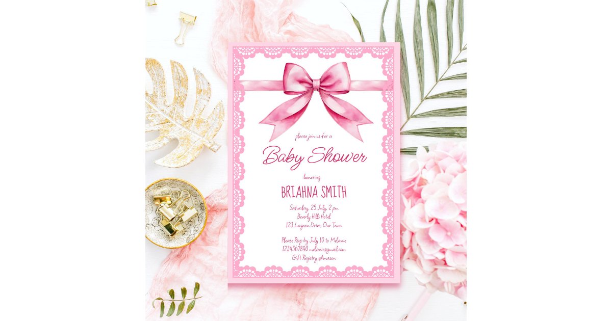 Pink bow retro lace baby shower invitation | Zazzle