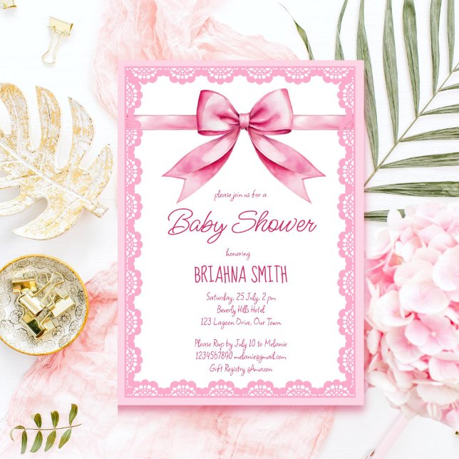 Pink bow retro lace baby shower invitation (Pink bow retro lace baby shower editable template invitation instant download cute girly pink)