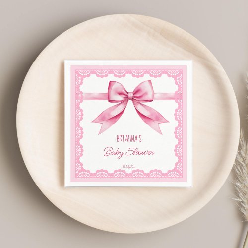 Pink bow retro lace baby shower printed template napkins