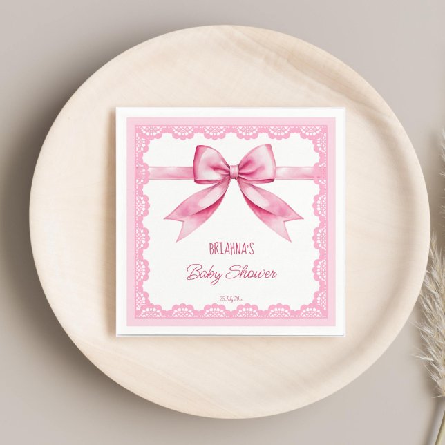Pink bow retro lace baby shower printed template napkins (Pink bow retro lace baby shower printed template napkins personalized tableware coquette ribbon )