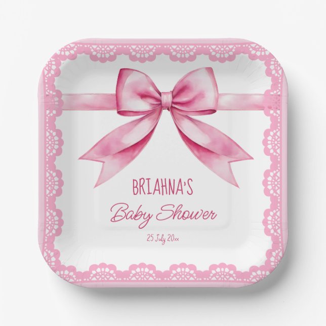 Pink bow retro lace baby shower printed template paper plates (Front)
