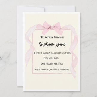 Pink Bow Ribbon Baby Birth Announcement Photo