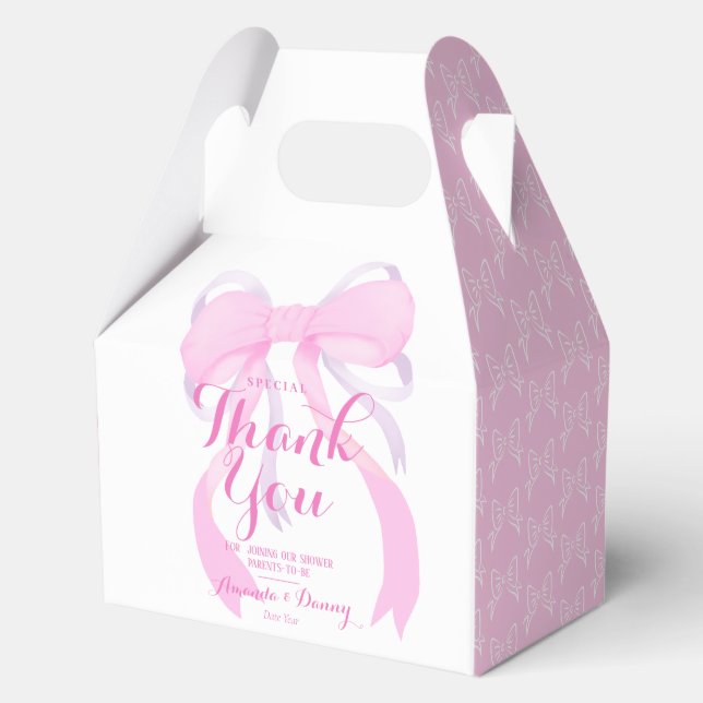 Pink Bow Ribbon Baby Girl Shower Favor Boxes (Front)