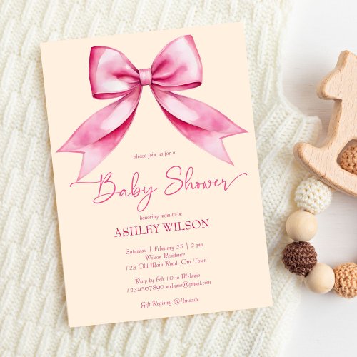 Pink bow ribbon baby shower cute elegant invitation