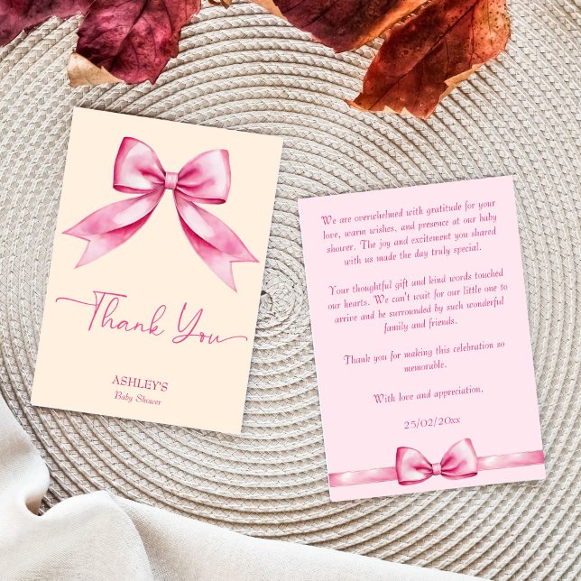 Pink bow ribbon baby shower cute elegant thank you card (Pink bow ribbon baby shower cute elegant thank you card pastel cream pink bow girly thank you cards)