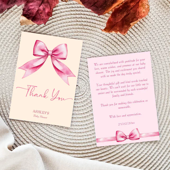 Pink bow ribbon baby shower cute elegant thank you card | Zazzle